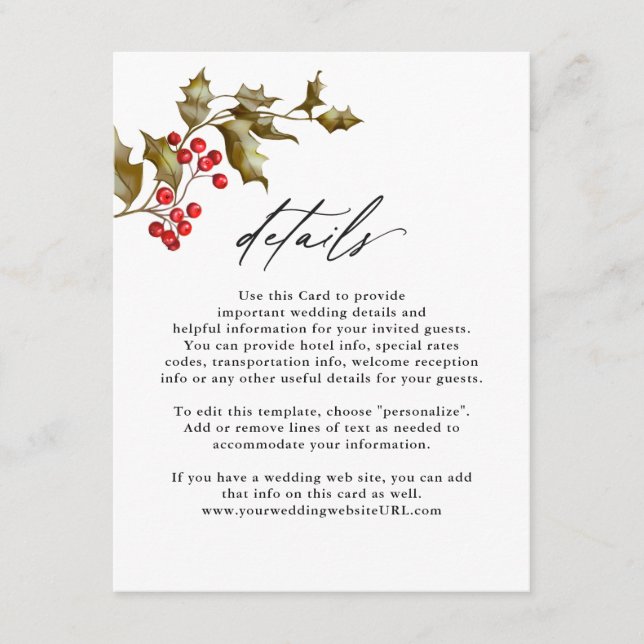 Romantic Winter Floral and Evergreens Details Enclosure Card (Front)