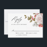 Romantic Winter Floral and Evergreens RSVP<br><div class="desc">This beautifully elegant and unique winter wedding response card was designed especially for weddings during the Christmas holiday season and the winter months. Romantic pink roses mix with beautiful evergreens and holly with red berries to form a perfectly gorgeous combination. Personalise the text template with your required wedding response date....</div>
