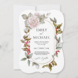 Romantic Winter Floral and Evergreens Wedding Invitation<br><div class="desc">This wonderfully elegant and unique winter wedding invitation was designed especially for weddings during the Christmas holiday season and the winter months. Romantic pink roses mix with beautiful evergreens and holly with red berries to form a perfectly gorgeous combination. The oval frame surrounding your text and notched card shape adds...</div>
