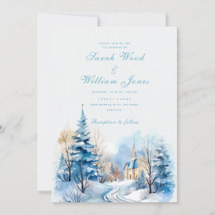 Romantic winter forest and church Wedding Invitation