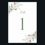 Romantic Winter Greenery Wedding Table Number<br><div class="desc">Elegant romantic wedding table number card,  adorned with a stunning soft green and red watercolor winter botanical design and classic calligraphy.</div>