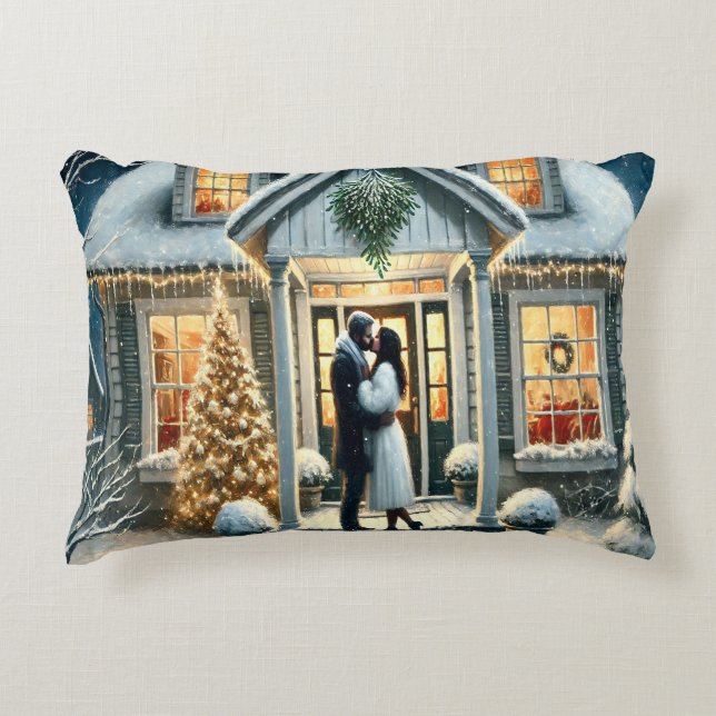 "Romantic Winter Kiss: Holiday Magic on the Porch" Decorative Cushion (Front)