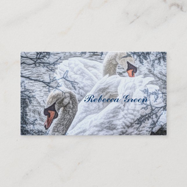romantic winter lake white swan wedding business card (Front)