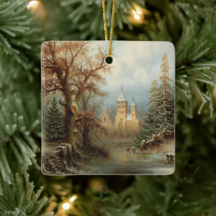 Romantic Winter Landscape with Ice Skaters Ceramic Ornament