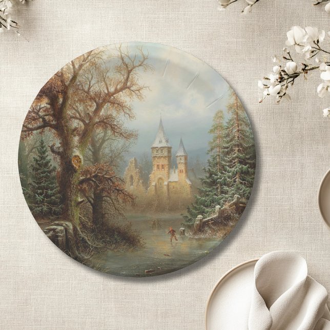 Romantic Winter Landscape with Ice Skaters Paper Plate (Creator Uploaded)