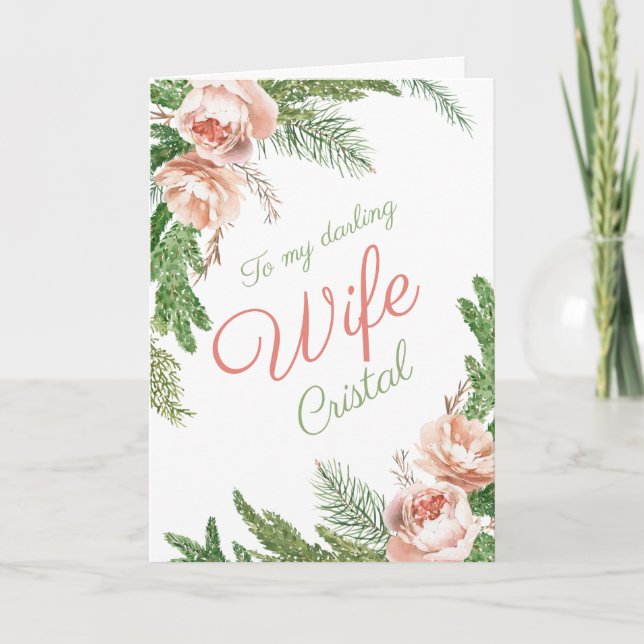 Romantic Winter Pink Roses Christmas Wife Holiday Card (Front)