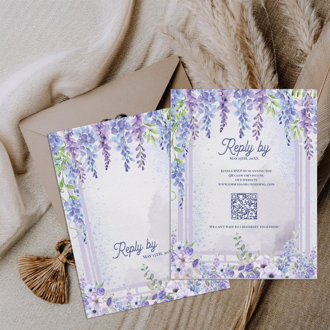 Romantic Wisteria Floral Arch QR Code Wedding RSVP Card (Lavender Wisteria Floral Arch QR Code Wedding RSVP Card | Purple Garden Wedding Response Card)