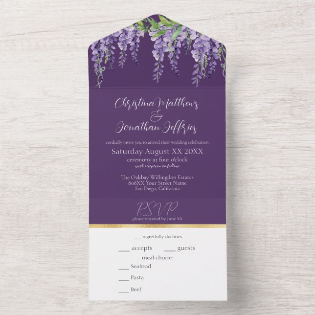 Romantic Wisteria on Dark Purple All In One Invitation (Inside)
