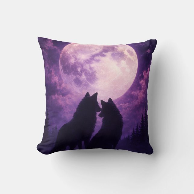 Romantic Wolf Couple Under Full Moon Cushion (Front)