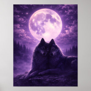 Romantic Wolf Couple Under Purple Full Moon Poster