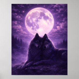 Romantic Wolf Couple Under Purple Full Moon Poster