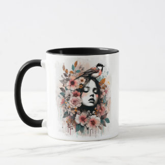 Romantic Woman and Bird with Motivational Text Mug