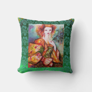 ROMANTIC WOMAN AND SPARKLING PEACOCK FEATHER Green Cushion