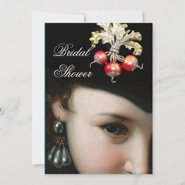 ROMANTIC WOMAN,ANTIQUE JEWELS,PEARLS BRIDAL SHOWER INVITATION (Front)