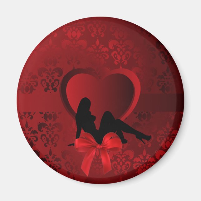 Romantic woman on red damask magnet (Front)