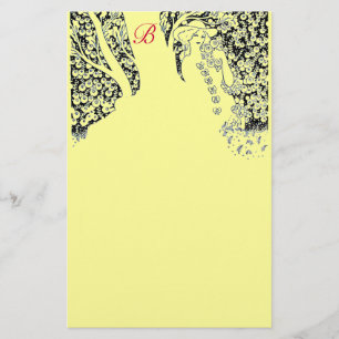 ROMANTIC WOMAN,ROSES,NATURE Black Yellow Monogram Stationery