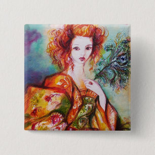 ROMANTIC WOMAN WITH PEACOCK FEATHER 15 CM SQUARE BADGE