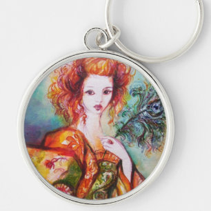 ROMANTIC WOMAN WITH PEACOCK FEATHER KEY RING