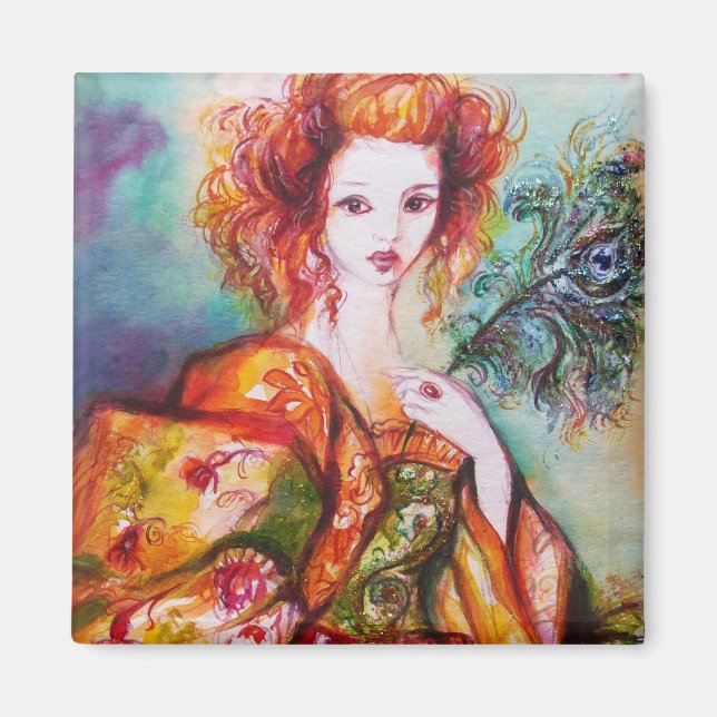 ROMANTIC WOMAN WITH PEACOCK FEATHER MAGNET (Front)