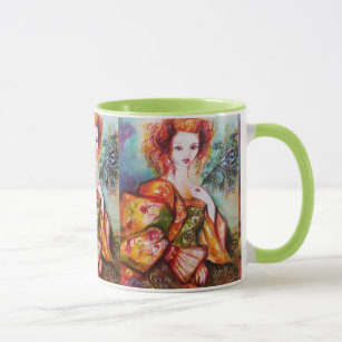 ROMANTIC WOMAN WITH PEACOCK FEATHER MUG