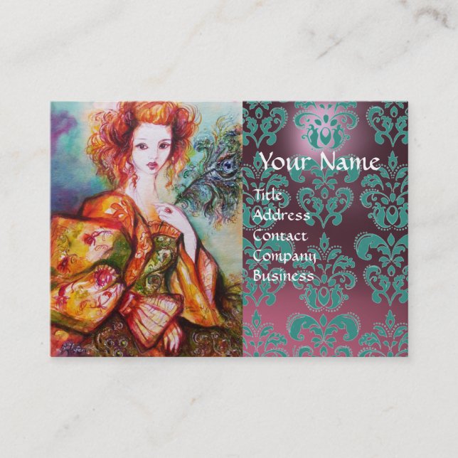 ROMANTIC WOMAN WITH PEACOCK FEATHER Purple Damask Business Card (Front)