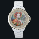 ROMANTIC WOMAN WITH PEACOCK FEATHER WATCH<br><div class="desc">Original contemporary watercolor painting with golden foil and iridescent colours in bright green, yellow orange ,  teal, turquase,  white .Elegant , beautiful sophisticated brunette woman, red, green sparkling gold fabrics of a baroque costume with peacock feathers .Painting by Bulgan Lumini (c).</div>