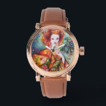 ROMANTIC WOMAN WITH PEACOCK FEATHER WATCH<br><div class="desc">Original contemporary watercolor painting with golden foil and iridescent colours in bright green, yellow orange ,  teal, turquase,  white .Elegant , beautiful sophisticated brunette woman, red, green sparkling gold fabrics of a baroque costume with peacock feathers .Painting by Bulgan Lumini (c).</div>