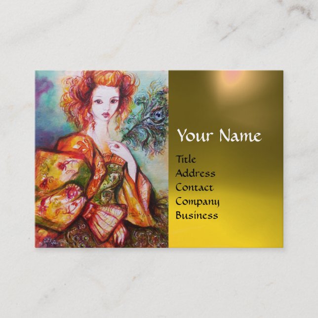ROMANTIC WOMAN WITH PEACOCK FEATHER Yellow Gem Business Card (Front)
