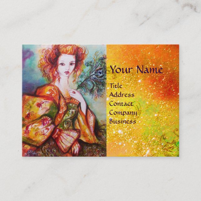 ROMANTIC WOMAN WITH SPARKLING PEACOCK FEATHER BUSINESS CARD (Front)