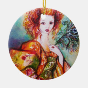 ROMANTIC WOMAN WITH SPARKLING PEACOCK FEATHER CERAMIC TREE DECORATION