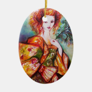 ROMANTIC WOMAN WITH SPARKLING PEACOCK FEATHER CERAMIC TREE DECORATION