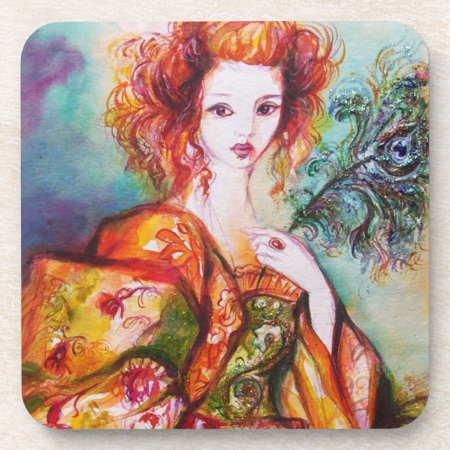 ROMANTIC WOMAN WITH SPARKLING PEACOCK FEATHER COASTER (Front)