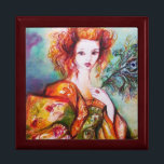 ROMANTIC WOMAN WITH SPARKLING PEACOCK FEATHER GIFT BOX<br><div class="desc">Elegant , colourful , classy,  whimsical design in bright green, yellow orange ,  teal, turquase,  white colours .Beautiful sophisticated brunette woman, red, green sparkling gold fabrics of a baroque costume with peacock feathers .Original watercolor painting with golden foil and iridescent colours</div>