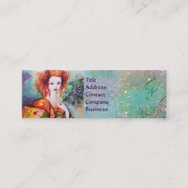 ROMANTIC WOMAN WITH SPARKLING PEACOCK FEATHER MINI BUSINESS CARD (Front)
