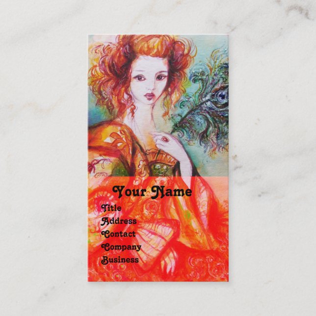 ROMANTIC WOMAN WITH SPARKLING PEACOCK FEATHER,red Business Card (Front)