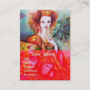 ROMANTIC WOMAN WITH SPARKLING PEACOCK FEATHER Red Business Card