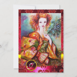 ROMANTIC WOMAN WITH SPARKLING PEACOCK FEATHER,Red Invitation