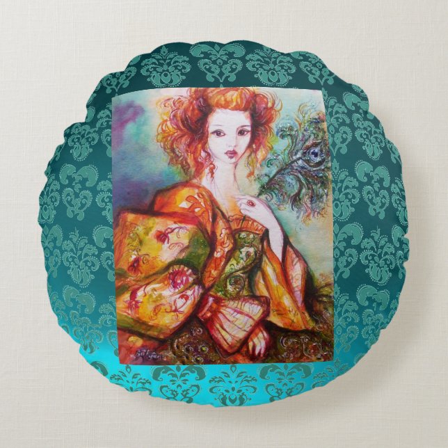 ROMANTIC WOMAN WITH SPARKLING PEACOCK FEATHER Teal Round Cushion (Front)