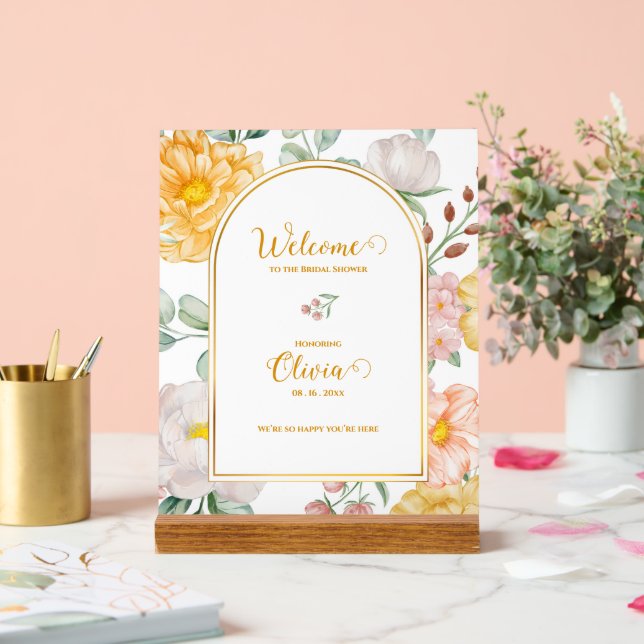 Romantic Yellow Floral Bridal Shower Welcome Acrylic Sign (Wedding)