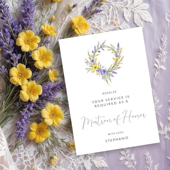 Romantic Yellow Lavender Wreath Maid of Honor (Romantic Minimalist Wedding Yellow & Lavender Wreath Maid of Honor Proposals Cards.)