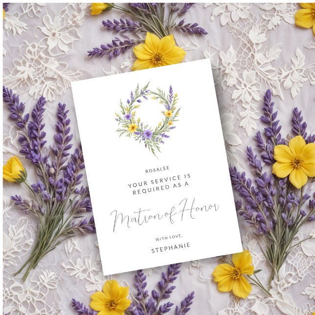 Romantic Yellow Lavender Wreath Matron of Honor (Romantic Minimalist Wedding Yellow & Lavender Wreath Matron of Honor Proposals Cards.)