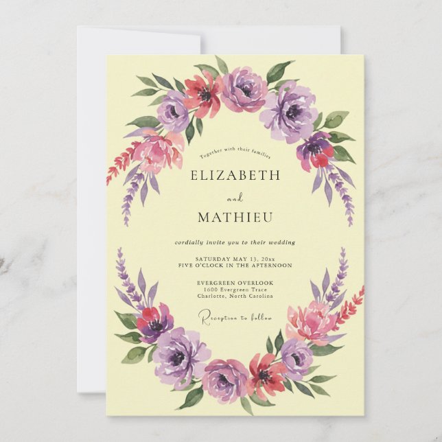 Romantic Yellow Purple Blossom Wedding Invitation (Front)