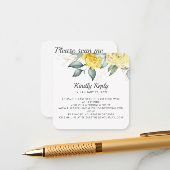 Romantic yellow watercolor flowers QR code RSVP Enclosure Card (Front/Back In Situ)