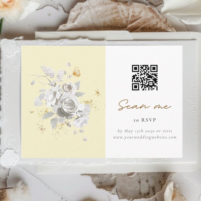 Romantic Yellow White Rose Wedding QR Code RSVP Enclosure Card (Creator Uploaded)
