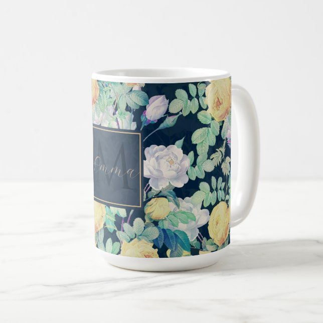 Romantic Yellow White roses floral Blue Design Coffee Mug (Front Right)