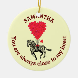 Romantic zebra and red heart personalised ceramic tree decoration