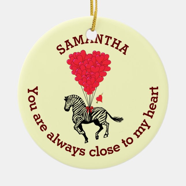 Romantic zebra and red heart personalised ceramic tree decoration (Front)