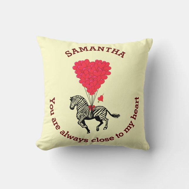 Romantic zebra and red heart personalised cushion (Front)