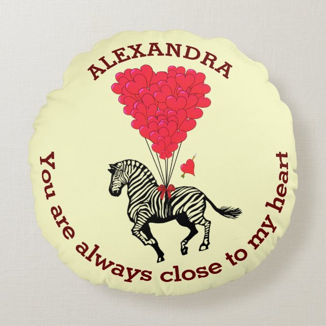 Romantic zebra and red heart personalised round cushion (Front)