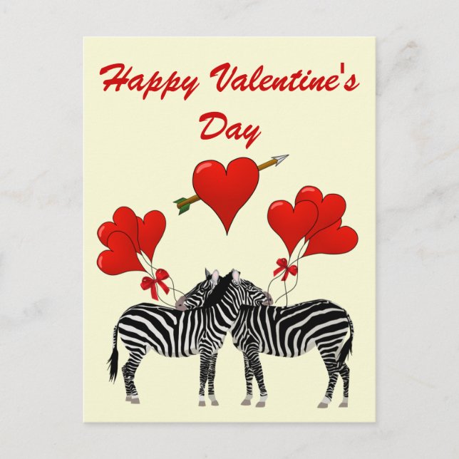 Romantic zebras and hearts Valentines Holiday Postcard (Front)
